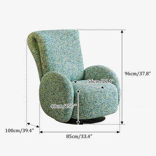 JASIWAY retro modern 360-degree swivel lounge chair featuring a sculptural curved silhouette and premium textured upholstery, showcasing a unique rounded backrest and barrel-style armrests, perfect as a stylish focal point for a contemporary living room, cozy bedroom nook, or executive study.-Dimensions chart
