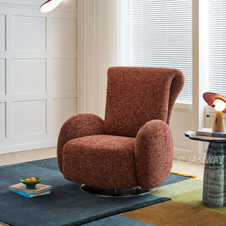 JASIWAY retro modern 360-degree swivel lounge chair featuring a sculptural curved silhouette and premium textured upholstery, showcasing a unique rounded backrest and barrel-style armrests, perfect as a stylish focal point for a contemporary living room, cozy bedroom nook, or executive study.-Three-quarter view