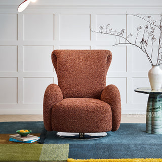 JASIWAY retro modern 360-degree swivel lounge chair featuring a sculptural curved silhouette and premium textured upholstery, showcasing a unique rounded backrest and barrel-style armrests, perfect as a stylish focal point for a contemporary living room, cozy bedroom nook, or executive study.-Front view