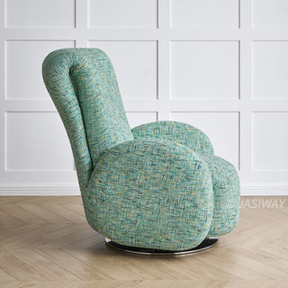 JASIWAY retro modern 360-degree swivel lounge chair featuring a sculptural curved silhouette and premium textured upholstery, showcasing a unique rounded backrest and barrel-style armrests, perfect as a stylish focal point for a contemporary living room, cozy bedroom nook, or executive study.-Side profile view