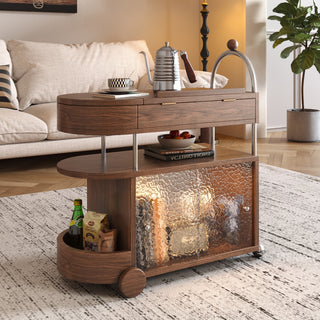 JASIWAY rolling end table featuring a multifunctional walnut wood finish design with a lift-top storage compartment, middle display shelf, and a lower cabinet with ripple glass doors, perfect for small living rooms or bedrooms.-Three-quarter view