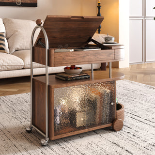 JASIWAY rolling end table featuring a multifunctional walnut wood finish design with a lift-top storage compartment, middle display shelf, and a lower cabinet with ripple glass doors, perfect for small living rooms or bedrooms.-Three-quarter view with lift-top open