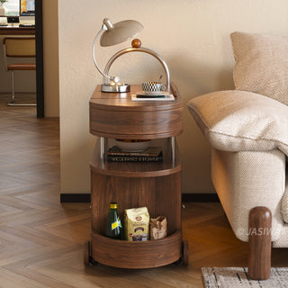 JASIWAY rolling end table featuring a multifunctional walnut wood finish design with a lift-top storage compartment, middle display shelf, and a lower cabinet with ripple glass doors, perfect for small living rooms or bedrooms.-Side view