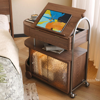 JASIWAY rolling end table featuring a multifunctional walnut wood finish design with a lift-top storage compartment, middle display shelf, and a lower cabinet with ripple glass doors, perfect for small living rooms or bedrooms.-High-angle view