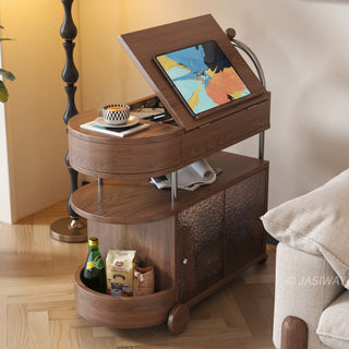 JASIWAY rolling end table featuring a multifunctional walnut wood finish design with a lift-top storage compartment, middle display shelf, and a lower cabinet with ripple glass doors, perfect for small living rooms or bedrooms.-Diagonal view