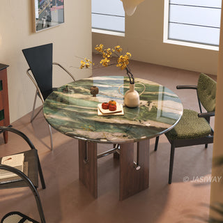 JASIWAY round dining table featuring a vibrant marble top with a polished finish, supported by a sculptural dark wood pedestal base with sleek metal cross-bar accents and an architectural open-frame storage design for modern kitchen interiors.-High-angle view