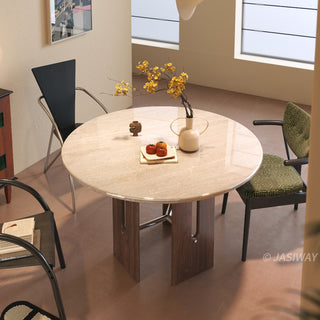 JASIWAY round dining table featuring a vibrant marble top with a polished finish, supported by a sculptural dark wood pedestal base with sleek metal cross-bar accents and an architectural open-frame storage design for modern kitchen interiors.-High-angle view