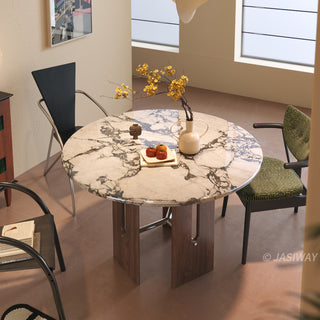 JASIWAY round dining table featuring a vibrant marble top with a polished finish, supported by a sculptural dark wood pedestal base with sleek metal cross-bar accents and an architectural open-frame storage design for modern kitchen interiors.-High-angle view
