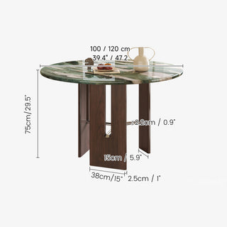 JASIWAY round dining table featuring a vibrant marble top with a polished finish, supported by a sculptural dark wood pedestal base with sleek metal cross-bar accents and an architectural open-frame storage design for modern kitchen interiors.-Dimensions chart