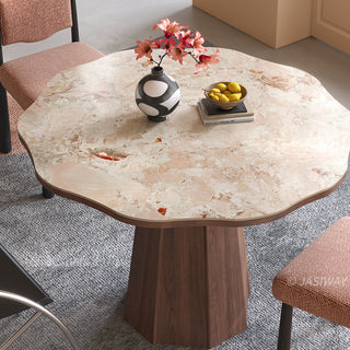 JASIWAY round dining table featuring a uniquely scalloped-edge sintered stone top, supported by a faceted sculptural pedestal base in a rich walnut wood finish, blending organic modern silhouettes with mid-century design elements for a dining room centerpiece.-High-angle view