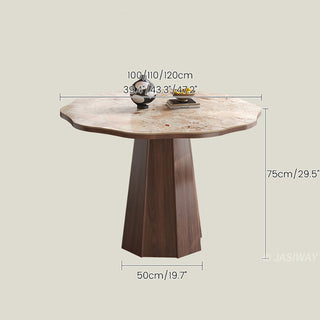 JASIWAY round dining table featuring a uniquely scalloped-edge sintered stone top, supported by a faceted sculptural pedestal base in a rich walnut wood finish, blending organic modern silhouettes with mid-century design elements for a dining room centerpiece.-Dimensions chart