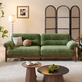 JASIWAY modern upholstered couch featuring a premium textured fabric over deeply tufted cushions, built on a sturdy mid-century walnut finish solid wood frame with exposed spindle arms, featuring a removable washable slipcover for an elegant yet functional living room seating solution.-Front view