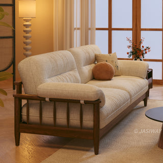 JASIWAY modern upholstered couch featuring a premium textured fabric over deeply tufted cushions, built on a sturdy mid-century walnut finish solid wood frame with exposed spindle arms, featuring a removable washable slipcover for an elegant yet functional living room seating solution.-Diagonal view