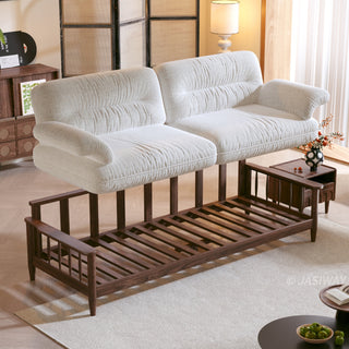JASIWAY modern upholstered couch featuring a premium textured fabric over deeply tufted cushions, built on a sturdy mid-century walnut finish solid wood frame with exposed spindle arms, featuring a removable washable slipcover for an elegant yet functional living room seating solution.-High-angle view of exposed wooden frame