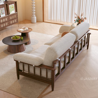 JASIWAY modern upholstered couch featuring a premium textured fabric over deeply tufted cushions, built on a sturdy mid-century walnut finish solid wood frame with exposed spindle arms, featuring a removable washable slipcover for an elegant yet functional living room seating solution.-Rear view