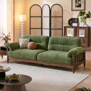JASIWAY modern upholstered couch featuring a premium textured fabric over deeply tufted cushions, built on a sturdy mid-century walnut finish solid wood frame with exposed spindle arms, featuring a removable washable slipcover for an elegant yet functional living room seating solution.-Three quarter view