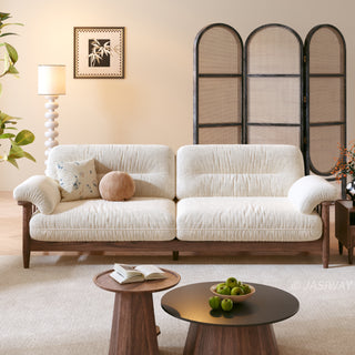 JASIWAY modern upholstered couch featuring a premium textured fabric over deeply tufted cushions, built on a sturdy mid-century walnut finish solid wood frame with exposed spindle arms, featuring a removable washable slipcover for an elegant yet functional living room seating solution.-Front view