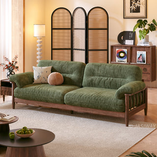 JASIWAY modern upholstered couch featuring a premium textured fabric over deeply tufted cushions, built on a sturdy mid-century walnut finish solid wood frame with exposed spindle arms, featuring a removable washable slipcover for an elegant yet functional living room seating solution.-Three quarter view