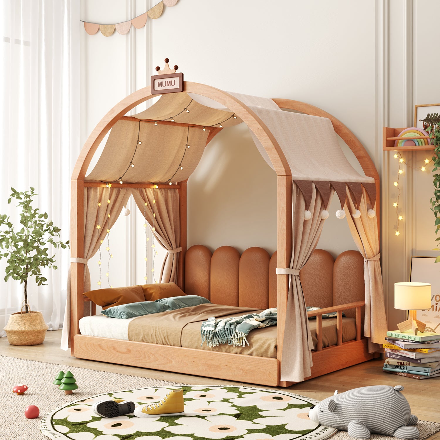 JASIWAY Extendable Solid Wood Kids Castle Bed with Canopy – Tent