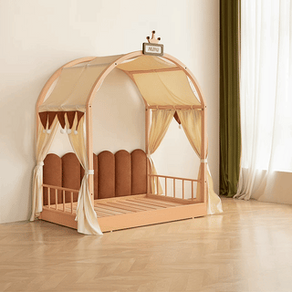 bedroom tent canopy JASIWAY Extendable Solid Wood Kids Castle Bed with Canopy – Tent-Style Toddler to Twin Bed with Upholstered Headboard Velvet Headboard-Chestnut Brown