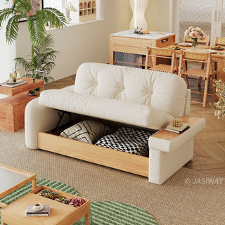 JASIWAY modern sectional sofa featuring an L-shaped wood frame design with integrated storage solutions, including a lift-up seat compartment and a pull-out wooden drawer, upholstered in premium textured fabric for a high-end living room aesthetic.-High-angle view with storage open & side table
