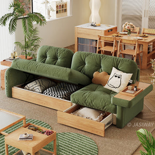 JASIWAY modern sectional sofa featuring an L-shaped wood frame design with integrated storage solutions, including a lift-up seat compartment and a pull-out wooden drawer, upholstered in premium textured fabric for a high-end living room aesthetic.-High-angle view with lift-up & drawer storage open with side table