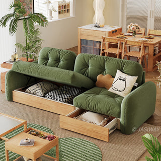 JASIWAY modern sectional sofa featuring an L-shaped wood frame design with integrated storage solutions, including a lift-up seat compartment and a pull-out wooden drawer, upholstered in premium textured fabric for a high-end living room aesthetic.-High-angle view with lift-up & storage without side table