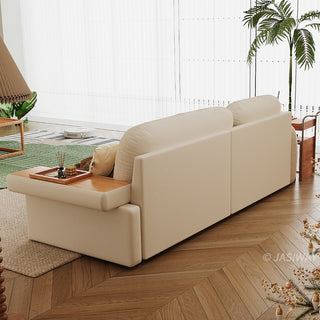 JASIWAY modern sectional sofa featuring an L-shaped wood frame design with integrated storage solutions, including a lift-up seat compartment and a pull-out wooden drawer, upholstered in premium textured fabric for a high-end living room aesthetic.-Rear view