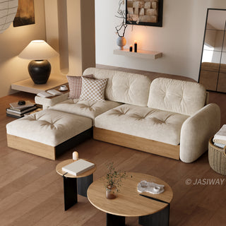 JASIWAY modern sectional sofa featuring an L-shaped wood frame design with integrated storage solutions, including a lift-up seat compartment and a pull-out wooden drawer, upholstered in premium textured fabric for a high-end living room aesthetic.-High-angle view with chaise & side table
