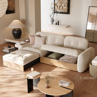 JASIWAY modern sectional sofa featuring an L-shaped wood frame design with integrated storage solutions, including a lift-up seat compartment and a pull-out wooden drawer, upholstered in premium textured fabric for a high-end living room aesthetic.-High-angle view with storage open & side table