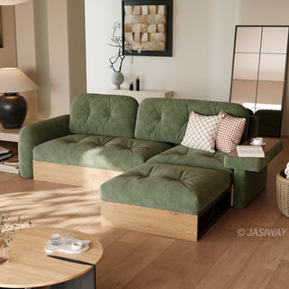 JASIWAY modern sectional sofa featuring an L-shaped wood frame design with integrated storage solutions, including a lift-up seat compartment and a pull-out wooden drawer, upholstered in premium textured fabric for a high-end living room aesthetic.-Chiase & side table
