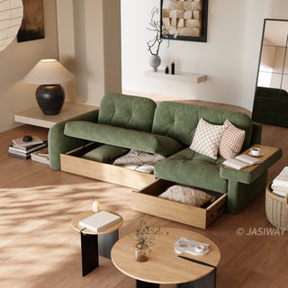 JASIWAY modern sectional sofa featuring an L-shaped wood frame design with integrated storage solutions, including a lift-up seat compartment and a pull-out wooden drawer, upholstered in premium textured fabric for a high-end living room aesthetic.-High-angle view with storage & drawer open and side table