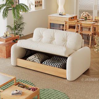 JASIWAY modern sectional sofa featuring an L-shaped wood frame design with integrated storage solutions, including a lift-up seat compartment and a pull-out wooden drawer, upholstered in premium textured fabric for a high-end living room aesthetic.-High-angle view with storage open without side table
