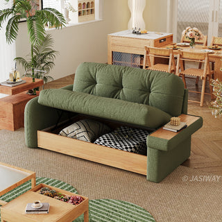 JASIWAY modern sectional sofa featuring an L-shaped wood frame design with integrated storage solutions, including a lift-up seat compartment and a pull-out wooden drawer, upholstered in premium textured fabric for a high-end living room aesthetic.-High-angle view with storage open & side table