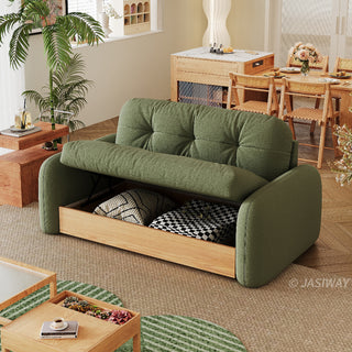 JASIWAY modern sectional sofa featuring an L-shaped wood frame design with integrated storage solutions, including a lift-up seat compartment and a pull-out wooden drawer, upholstered in premium textured fabric for a high-end living room aesthetic.-High-angle view with storage open without side table