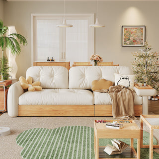 JASIWAY modern sectional sofa featuring an L-shaped wood frame design with integrated storage solutions, including a lift-up seat compartment and a pull-out wooden drawer, upholstered in premium textured fabric for a high-end living room aesthetic.-Front view