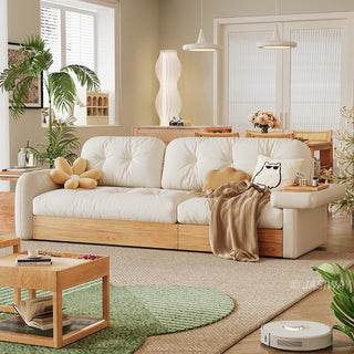 JASIWAY modern sectional sofa featuring an L-shaped wood frame design with integrated storage solutions, including a lift-up seat compartment and a pull-out wooden drawer, upholstered in premium textured fabric for a high-end living room aesthetic.-Three-quarter view