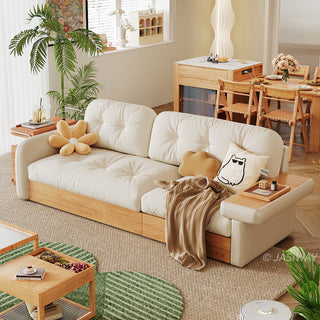 JASIWAY modern sectional sofa featuring an L-shaped wood frame design with integrated storage solutions, including a lift-up seat compartment and a pull-out wooden drawer, upholstered in premium textured fabric for a high-end living room aesthetic.-High-angle three-quarter view