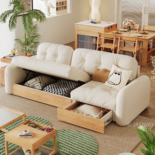 JASIWAY modern sectional sofa featuring an L-shaped wood frame design with integrated storage solutions, including a lift-up seat compartment and a pull-out wooden drawer, upholstered in premium textured fabric for a high-end living room aesthetic.-High-angle view with lift-up & drawer storage open without side table