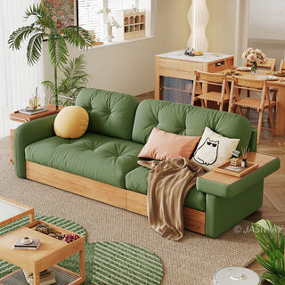 JASIWAY modern sectional sofa featuring an L-shaped wood frame design with integrated storage solutions, including a lift-up seat compartment and a pull-out wooden drawer, upholstered in premium textured fabric for a high-end living room aesthetic.-High-angle three-quarter view