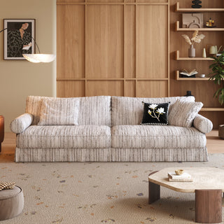 JASIWAY textured linen blend sofa, featuring a minimalist upholstery with a subtle linear weave, highlighting its plush, oversized bolsters and the architectural solid wood side panels, perfect for contemporary living rooms.-Front view