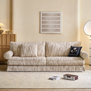 JASIWAY textured linen blend sofa, featuring a minimalist upholstery with a subtle linear weave, highlighting its plush, oversized bolsters and the architectural solid wood side panels, perfect for contemporary living rooms.-Front view