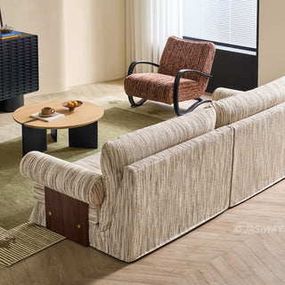 JASIWAY textured linen blend sofa, featuring a minimalist upholstery with a subtle linear weave, highlighting its plush, oversized bolsters and the architectural solid wood side panels, perfect for contemporary living rooms.-High-angle rear view