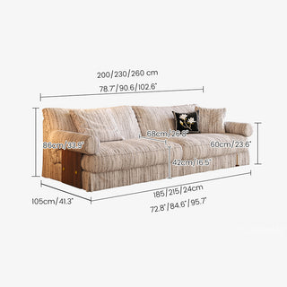 JASIWAY textured linen blend sofa, featuring a minimalist upholstery with a subtle linear weave, highlighting its plush, oversized bolsters and the architectural solid wood side panels, perfect for contemporary living rooms.-Dimensions chart