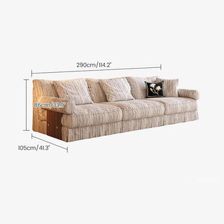 JASIWAY textured linen blend sofa, featuring a minimalist upholstery with a subtle linear weave, highlighting its plush, oversized bolsters and the architectural solid wood side panels, perfect for contemporary living rooms.-Dimensions chart