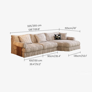 JASIWAY textured linen blend sofa, featuring a minimalist upholstery with a subtle linear weave, highlighting its plush, oversized bolsters and the architectural solid wood side panels, perfect for contemporary living rooms.-Dimensions chart
