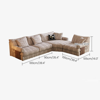 JASIWAY textured linen blend sofa, featuring a minimalist upholstery with a subtle linear weave, highlighting its plush, oversized bolsters and the architectural solid wood side panels, perfect for contemporary living rooms.-Dimensions chart