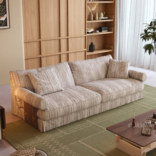 JASIWAY textured linen blend sofa, featuring a minimalist upholstery with a subtle linear weave, highlighting its plush, oversized bolsters and the architectural solid wood side panels, perfect for contemporary living rooms.-High-angle view