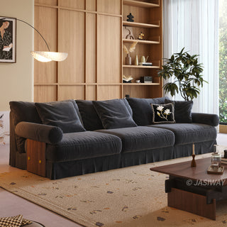 JASIWAY textured linen blend sofa, featuring a minimalist upholstery with a subtle linear weave, highlighting its plush, oversized bolsters and the architectural solid wood side panels, perfect for contemporary living rooms.-Three-quarter view