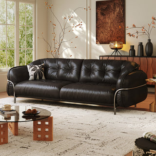 JASIWAY luxurious 3-seater modern couch featuring premium tufted genuine leather upholstery and a sleek wraparound sturdy frame, designed for contemporary living room aesthetics with deep-buttoned cushioning and ergonomic support.-Three-quarter view